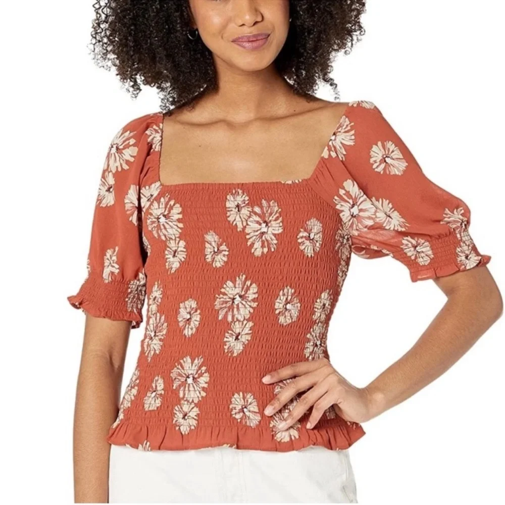 Madewell Georgette Lucie Puff-Sleeve Smocked Bodice Top in Moody Blooms Size M